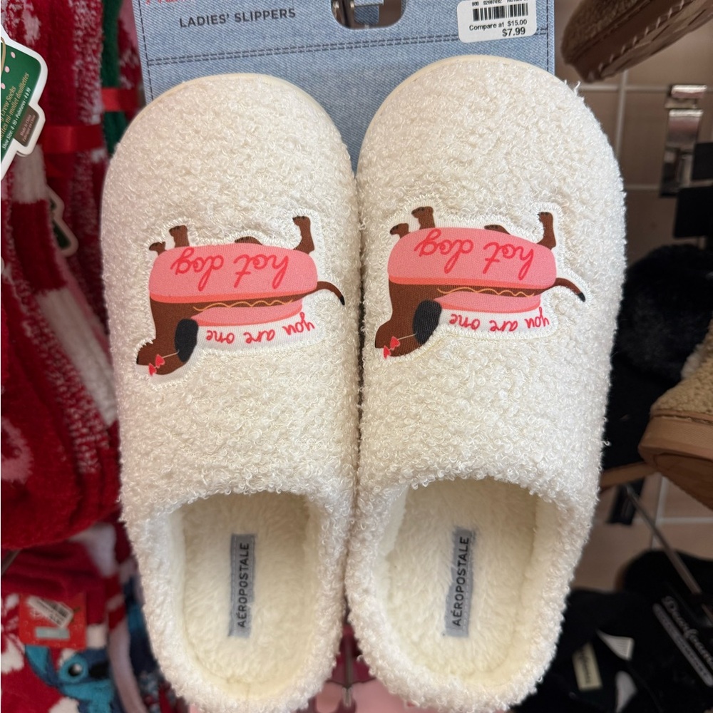 Aeropostale White Slippers with Dachshund Print (LARGE)